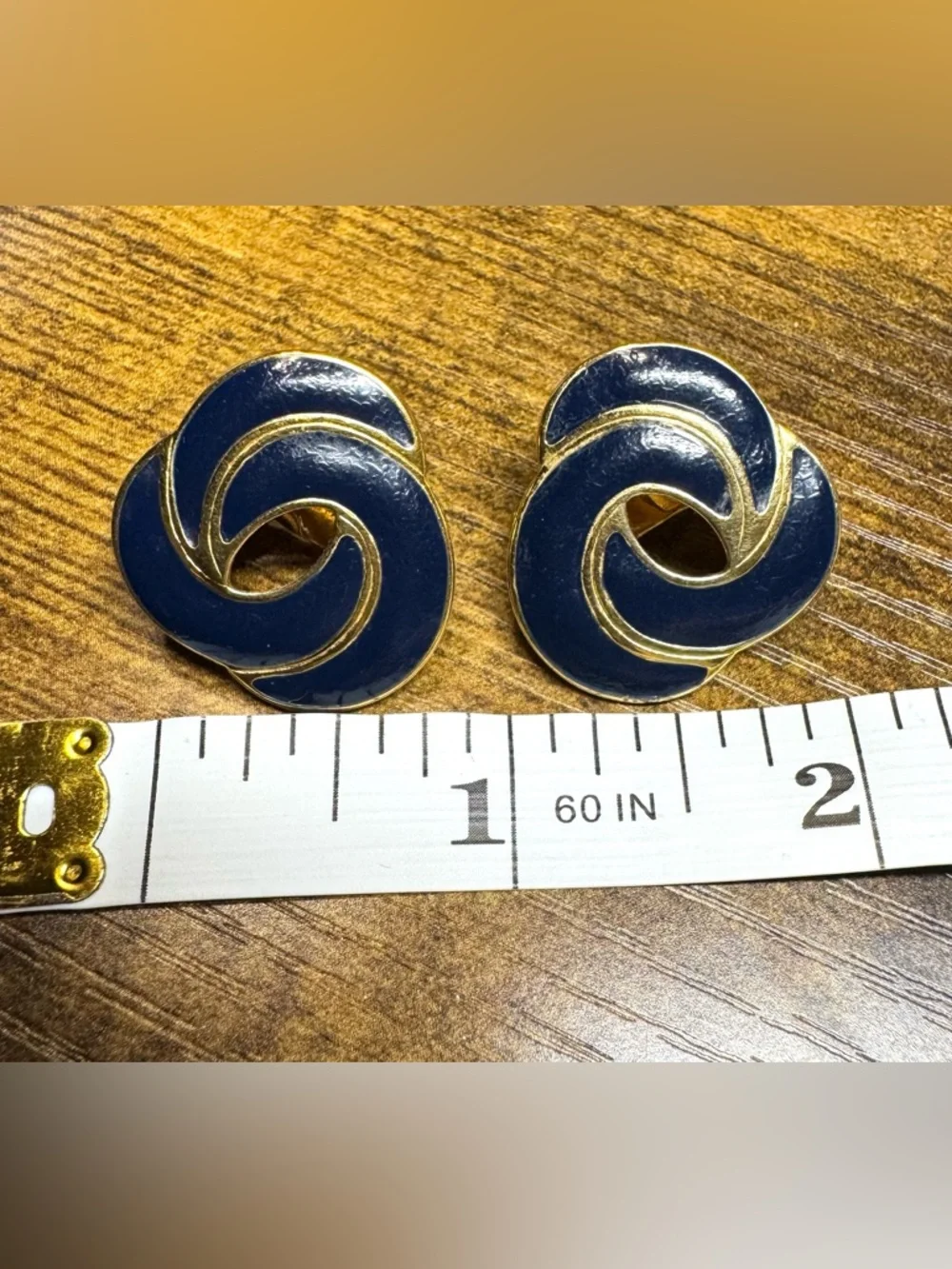 Monet Navy Blue Enamel Swirl Clip-On Earrings Gold Tone Vintage